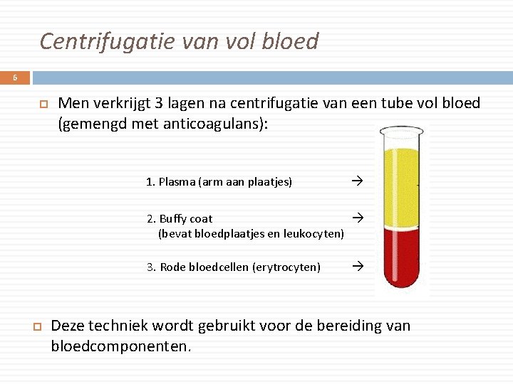 Centrifugatie van vol bloed 6 Men verkrijgt 3 lagen na centrifugatie van een tube