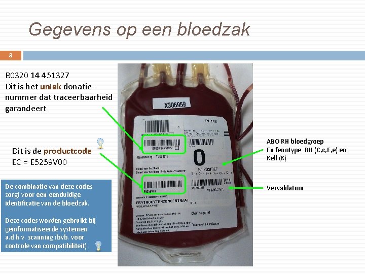 Gegevens op een bloedzak 8 B 0320 14 451327 Dit is het uniek donatienummer