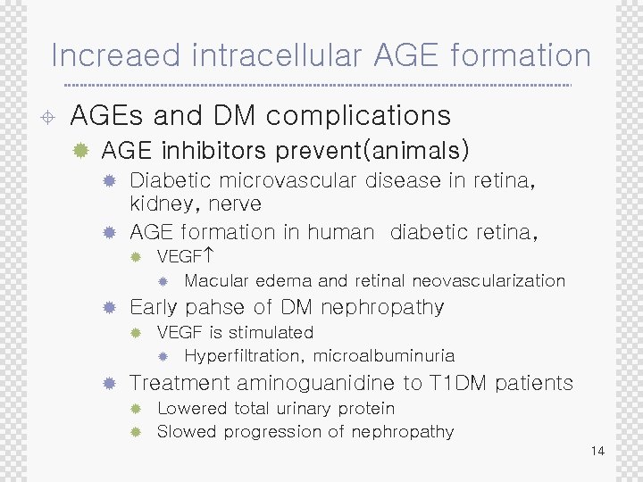Increaed intracellular AGE formation ± AGEs and DM complications ® AGE inhibitors prevent(animals) Diabetic