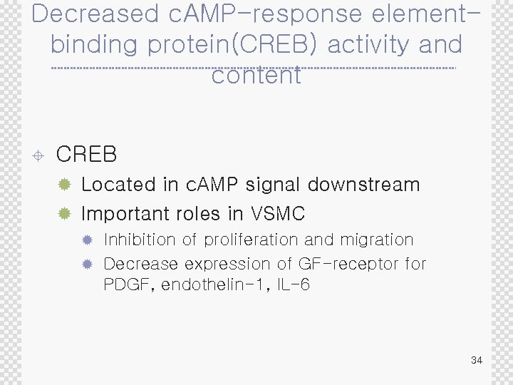 Decreased c. AMP-response elementbinding protein(CREB) activity and content ± CREB ® Located in c.