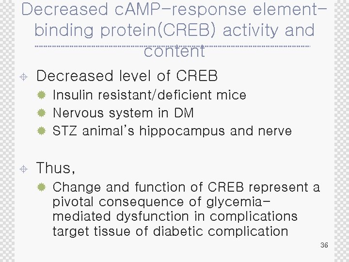 Decreased c. AMP-response elementbinding protein(CREB) activity and content ± Decreased level of CREB ®