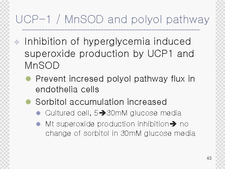 UCP-1 / Mn. SOD and polyol pathway ± Inhibition of hyperglycemia induced superoxide production