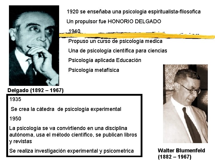 1920 se enseñaba una psicologia espiritualista-filosofica Un propulsor fue HONORIO DELGADO 1940 Propuso un