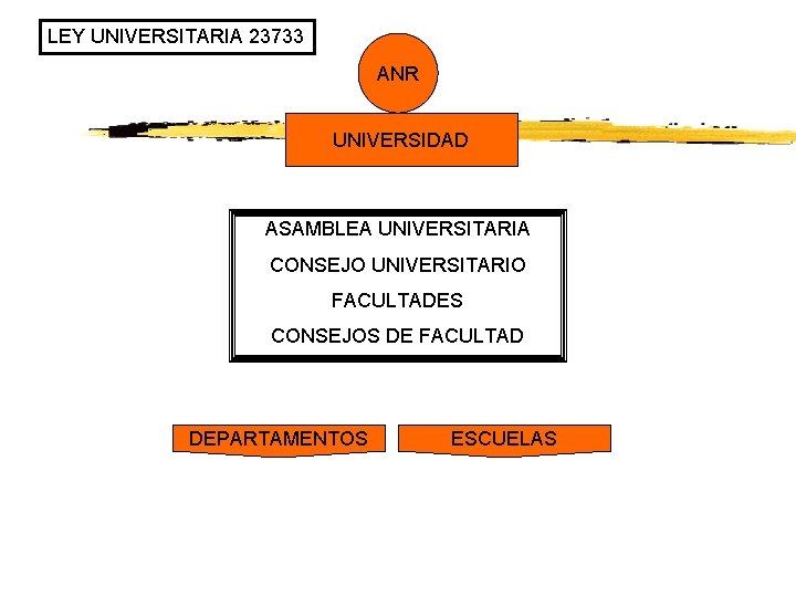LEY UNIVERSITARIA 23733 ANR UNIVERSIDAD ASAMBLEA UNIVERSITARIA CONSEJO UNIVERSITARIO FACULTADES CONSEJOS DE FACULTAD DEPARTAMENTOS