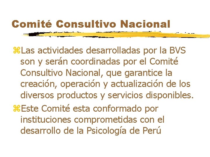 Comité Consultivo Nacional z. Las actividades desarrolladas por la BVS son y serán coordinadas