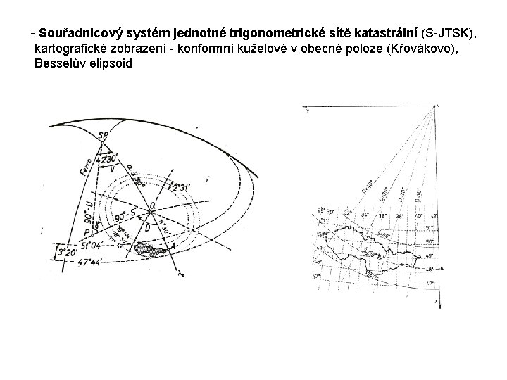- Souřadnicový systém jednotné trigonometrické sítě katastrální (S-JTSK), kartografické zobrazení - konformní kuželové v