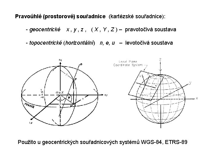 Pravoúhlé (prostorové) souřadnice (kartézské souřadnice): - geocentrické x , y , z , (