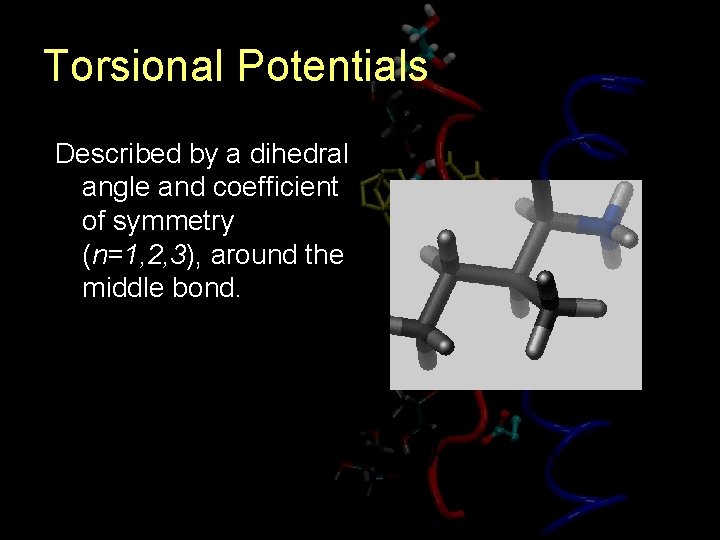 Torsional Potentials Described by a dihedral angle and coefficient of symmetry (n=1, 2, 3),
