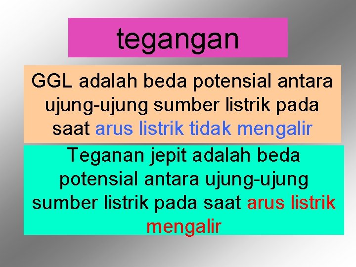 tegangan GGL adalah beda potensial antara ujung-ujung sumber listrik pada saat arus listrik tidak