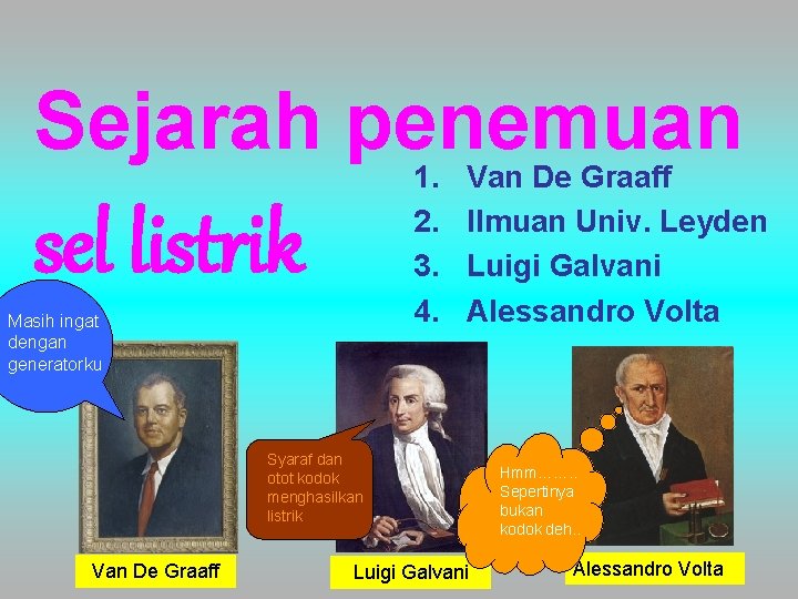 Sejarah penemuan 1. 2. 3. 4. sel listrik Masih ingat dengan generatorku Van De