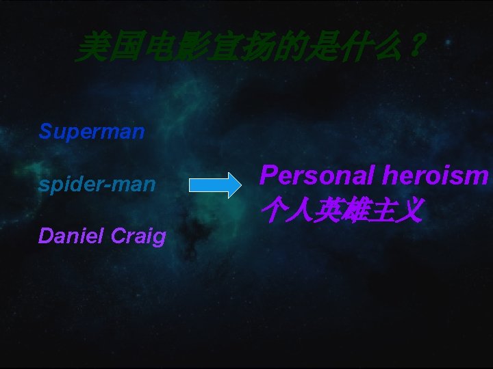 美国电影宣扬的是什么? Superman spider-man Daniel Craig Personal heroism 个人英雄主义 美国电影宣扬的是什么? Superman spider-man Daniel Craig Personal heroism 个人英雄主义