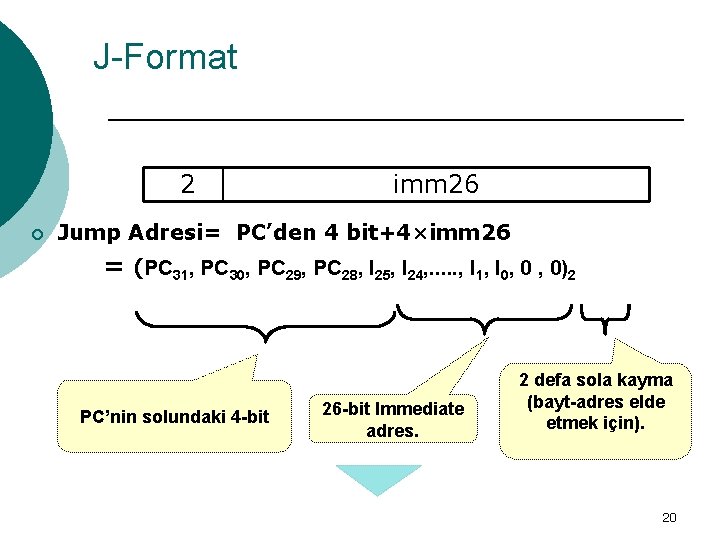 J-Format 2 ¡ imm 26 Jump Adresi= PC’den 4 bit+4×imm 26 = (PC 31,