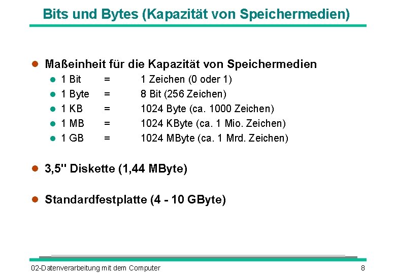 Bits und Bytes (Kapazität von Speichermedien) Maßeinheit für die Kapazität von Speichermedien 1 Bit
