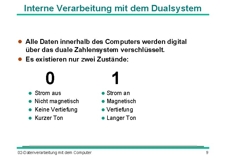 Interne Verarbeitung mit dem Dualsystem Alle Daten innerhalb des Computers werden digital über das