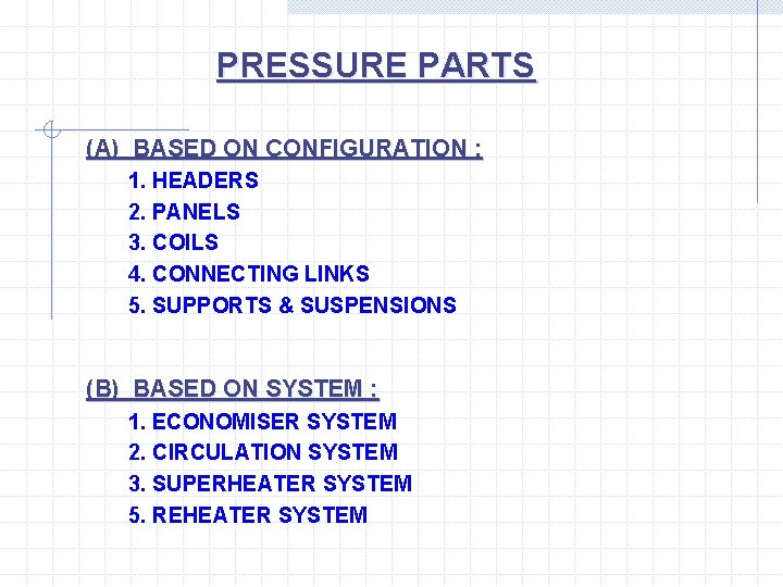 PRESSURE PARTS (A) BASED ON CONFIGURATION : 1. HEADERS 2. PANELS 3. COILS 4.