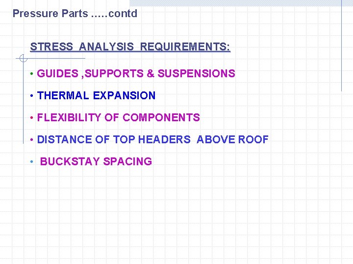 Pressure Parts. . …contd STRESS ANALYSIS REQUIREMENTS: • GUIDES , SUPPORTS & SUSPENSIONS •