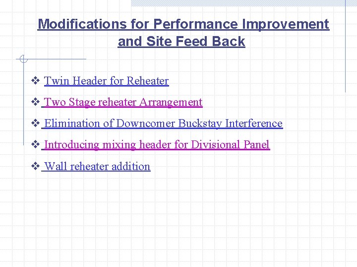 Modifications for Performance Improvement and Site Feed Back v Twin Header for Reheater v