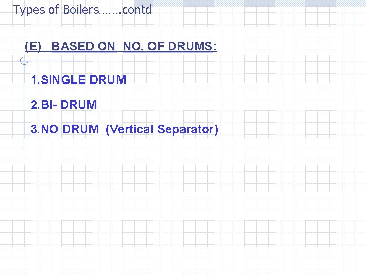 Types of Boilers……. contd (E) BASED ON NO. OF DRUMS: NO. OF DRUMS 1.