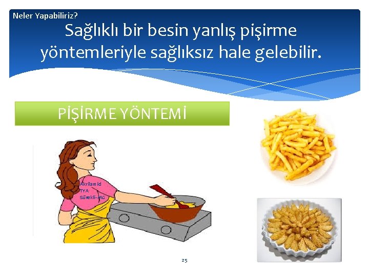 Neler Yapabiliriz? Sağlıklı bir besin yanlış pişirme yöntemleriyle sağlıksız hale gelebilir. PİŞİRME YÖNTEMİ Akrilamid