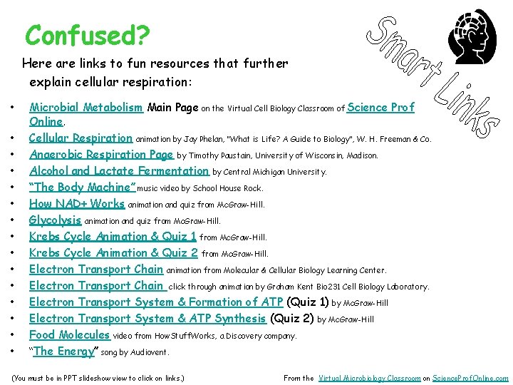 Confused? Here are links to fun resources that further explain cellular respiration: • •