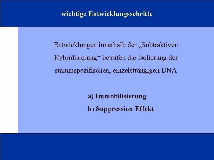wichtige Entwicklungsschritte Entwicklungen innerhalb der „Subtraktiven Hybridisierung“ betrafen die Isolierung der stammspezifischen, einzelsträngigen DNA
