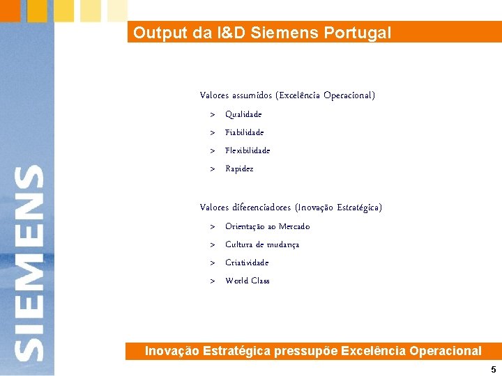 Output da I&D Siemens Portugal Valores assumidos (Excelência Operacional) > > Qualidade Fiabilidade Flexibilidade