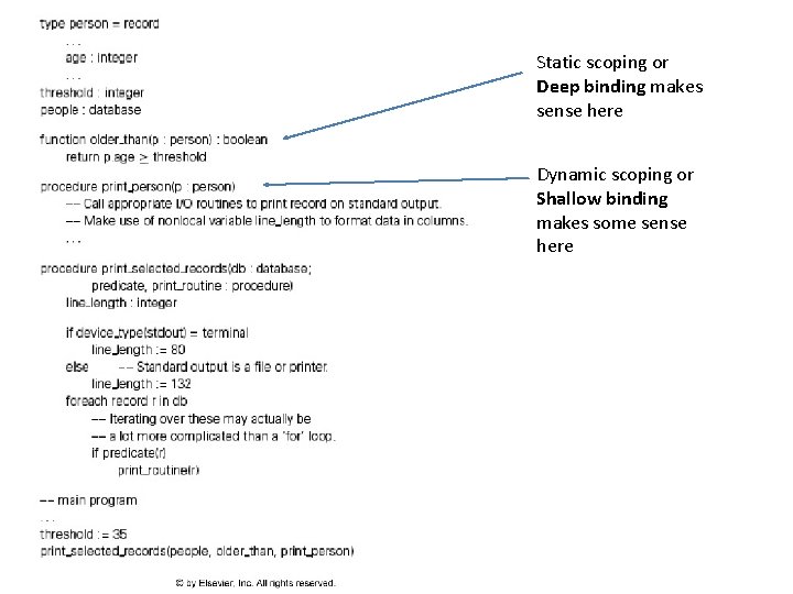 Static scoping or Deep binding makes sense here Dynamic scoping or Shallow binding makes