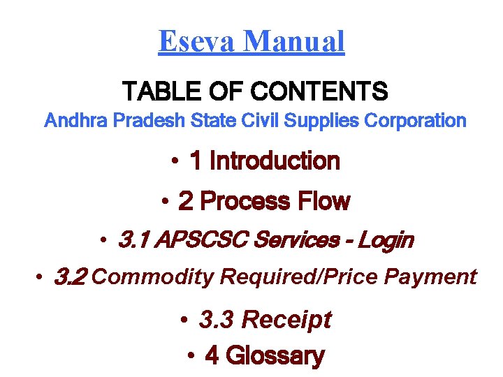 Eseva Manual Table Of Contents Andhra Pradesh State