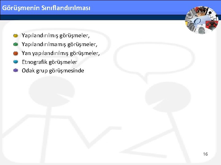 Görüşmenin Sınıflandırılması • • • Yapılandırılmış görüşmeler, Yapılandırılmamış görüşmeler, Yan yapılandırılmış görüşmeler, Etnografik görüşmeler