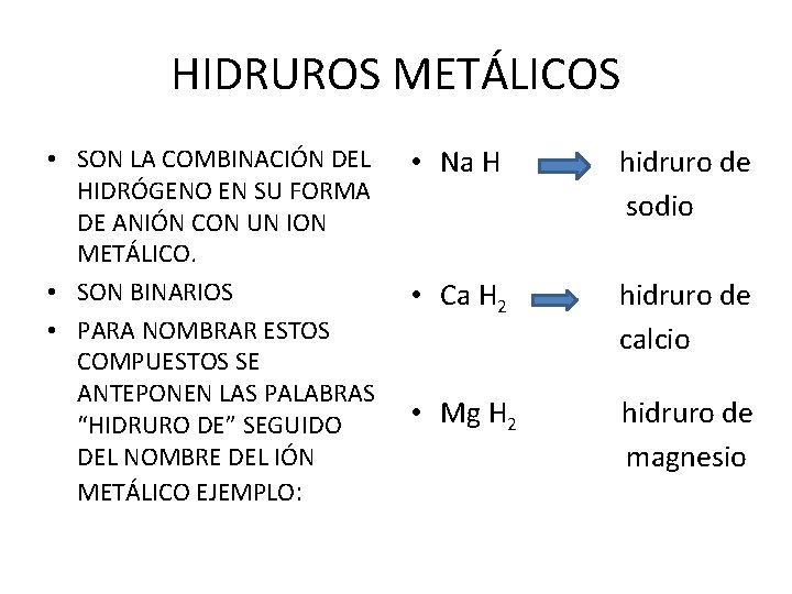 HIDRUROS METÁLICOS • SON LA COMBINACIÓN DEL HIDRÓGENO EN SU FORMA DE ANIÓN CON HIDRUROS METÁLICOS • SON LA COMBINACIÓN DEL HIDRÓGENO EN SU FORMA DE ANIÓN CON