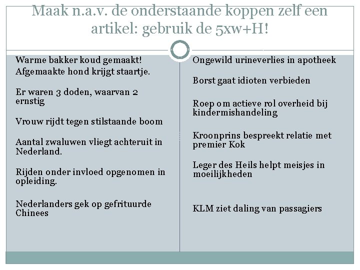 Maak n. a. v. de onderstaande koppen zelf een artikel: gebruik de 5 xw+H!