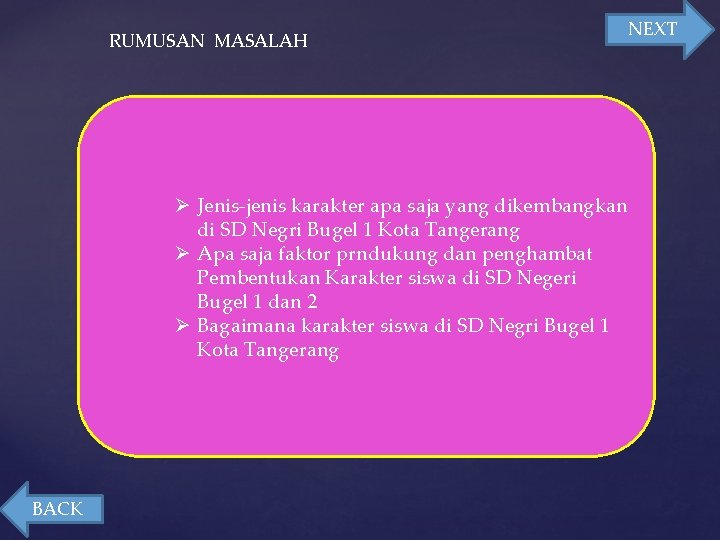 RUMUSAN MASALAH Ø Jenis-jenis karakter apa saja yang dikembangkan di SD Negri Bugel 1