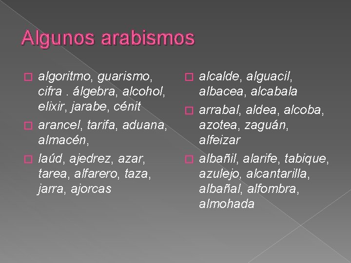 Algunos arabismos algoritmo, guarismo, cifra. álgebra, alcohol, elixir, jarabe, cénit � arancel, tarifa, aduana, Algunos arabismos algoritmo, guarismo, cifra. álgebra, alcohol, elixir, jarabe, cénit � arancel, tarifa, aduana,