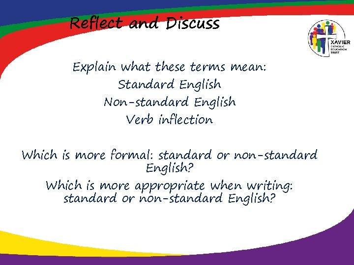 Reflect and Discuss Explain what these terms mean: Standard English Non-standard English Verb inflection