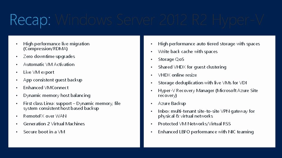 Recap: Windows Server 2012 R 2 Hyper-V • High performance live migration (Compression/RDMA) •