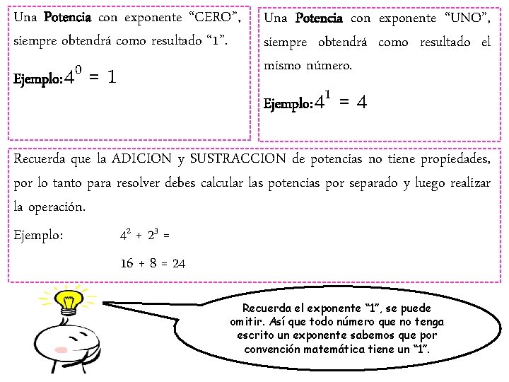 Una Potencia con exponente “CERO”, siempre obtendrá como resultado “ 1”. Ejemplo: 40 =