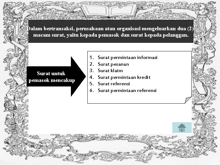 Dalam bertransaksi, perusahaan atau organisasi mengeluarkan dua (2) macam surat, yaitu kepada pemasok dan