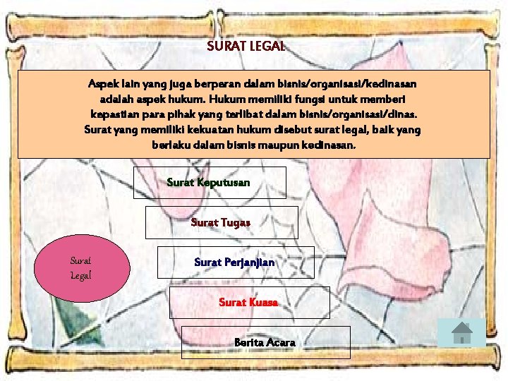 SURAT LEGAL Aspek lain yang juga berperan dalam bisnis/organisasi/kedinasan adalah aspek hukum. Hukum memiliki