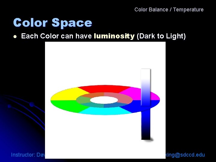 Color Balance / Temperature Color Space l Each Color can have luminosity (Dark to