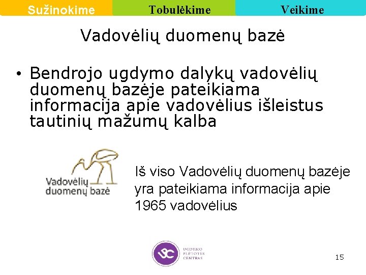 Sužinokime Tobulėkime Veikime Vadovėlių duomenų bazė • Bendrojo ugdymo dalykų vadovėlių duomenų bazėje pateikiama