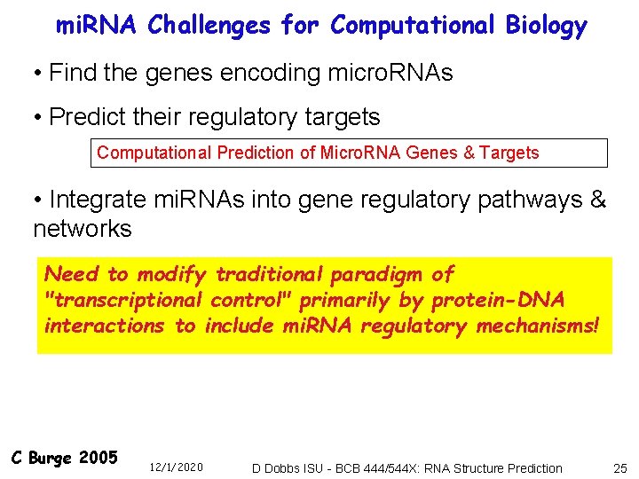 mi. RNA Challenges for Computational Biology • Find the genes encoding micro. RNAs •