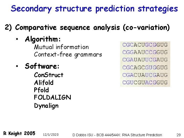 Secondary structure prediction strategies 2) Comparative sequence analysis (co-variation) • Algorithm: Mutual information Context-free