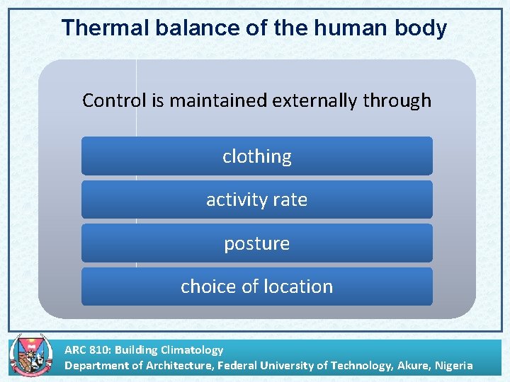 Thermal balance of the human body Control is maintained externally through clothing activity rate