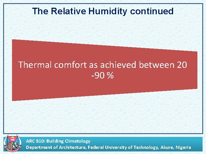 The Relative Humidity continued Thermal comfort as achieved between 20 -90 % ARC 810: