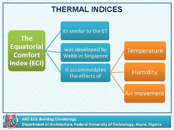 THERMAL INDICES The Equatorial Comfort Index (ECI) its similar to the ET was developed