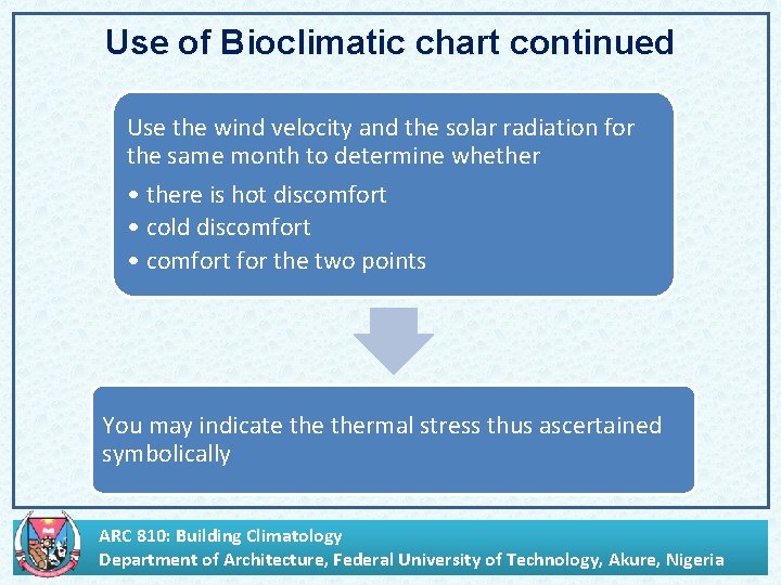 Use of Bioclimatic chart continued Use the wind velocity and the solar radiation for