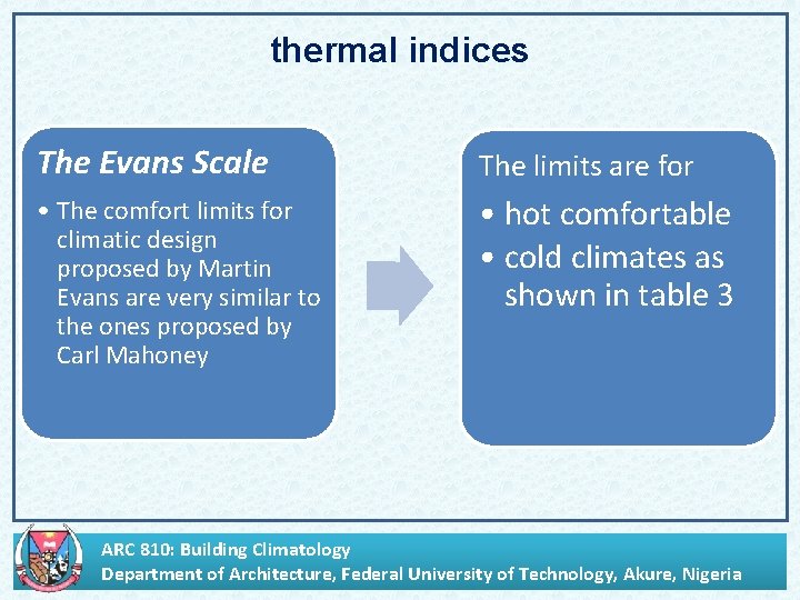 thermal indices The Evans Scale The limits are for • The comfort limits for