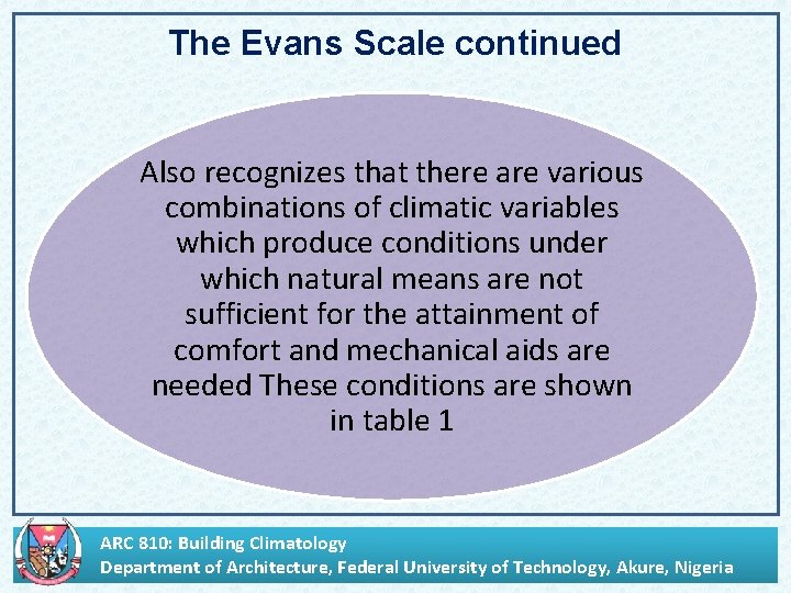 The Evans Scale continued Also recognizes that there are various combinations of climatic variables