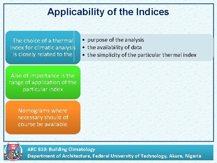 Applicability of the Indices The choice of a thermal index for climatic analysis is