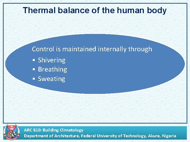 Thermal balance of the human body Control is maintained internally through • Shivering •